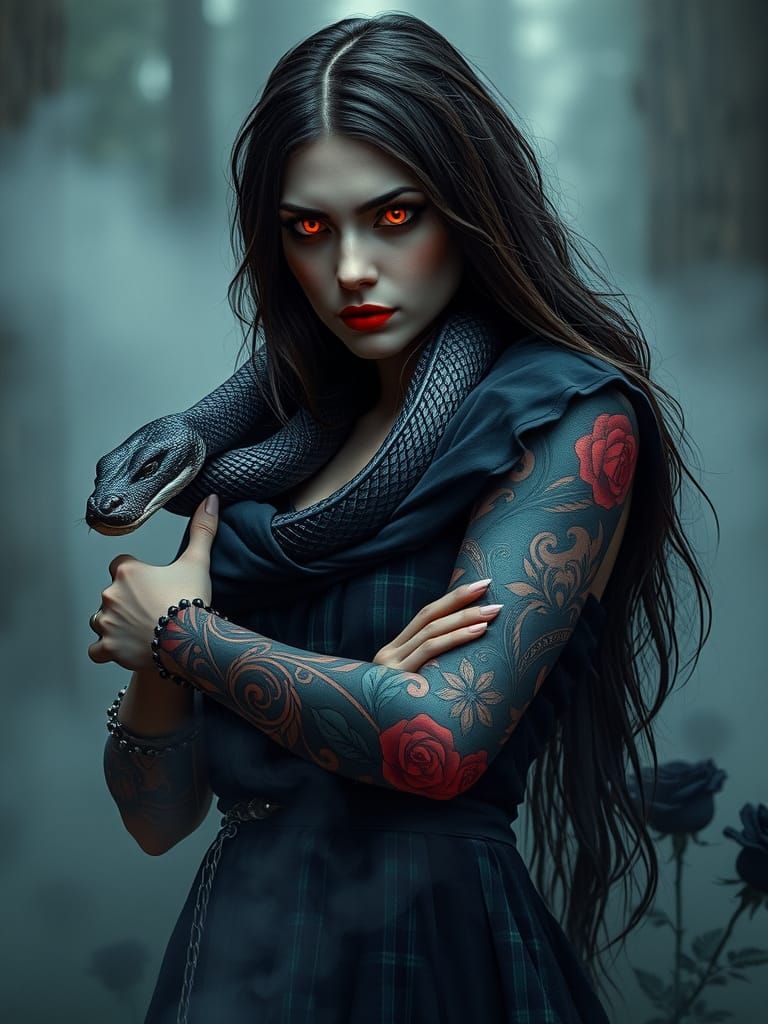 Celtic Vampire with Fiery Eyes in Mystical Setting