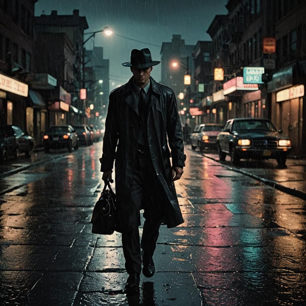 Film Noir Assassin in Rainy Cityscape