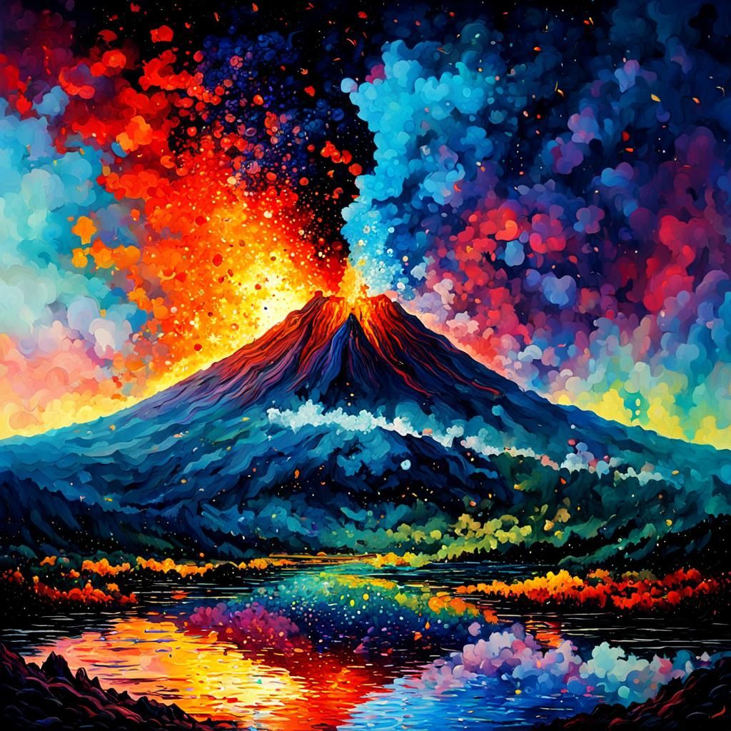 Volcano Eruption at Night: Pointillism Abstract Art
