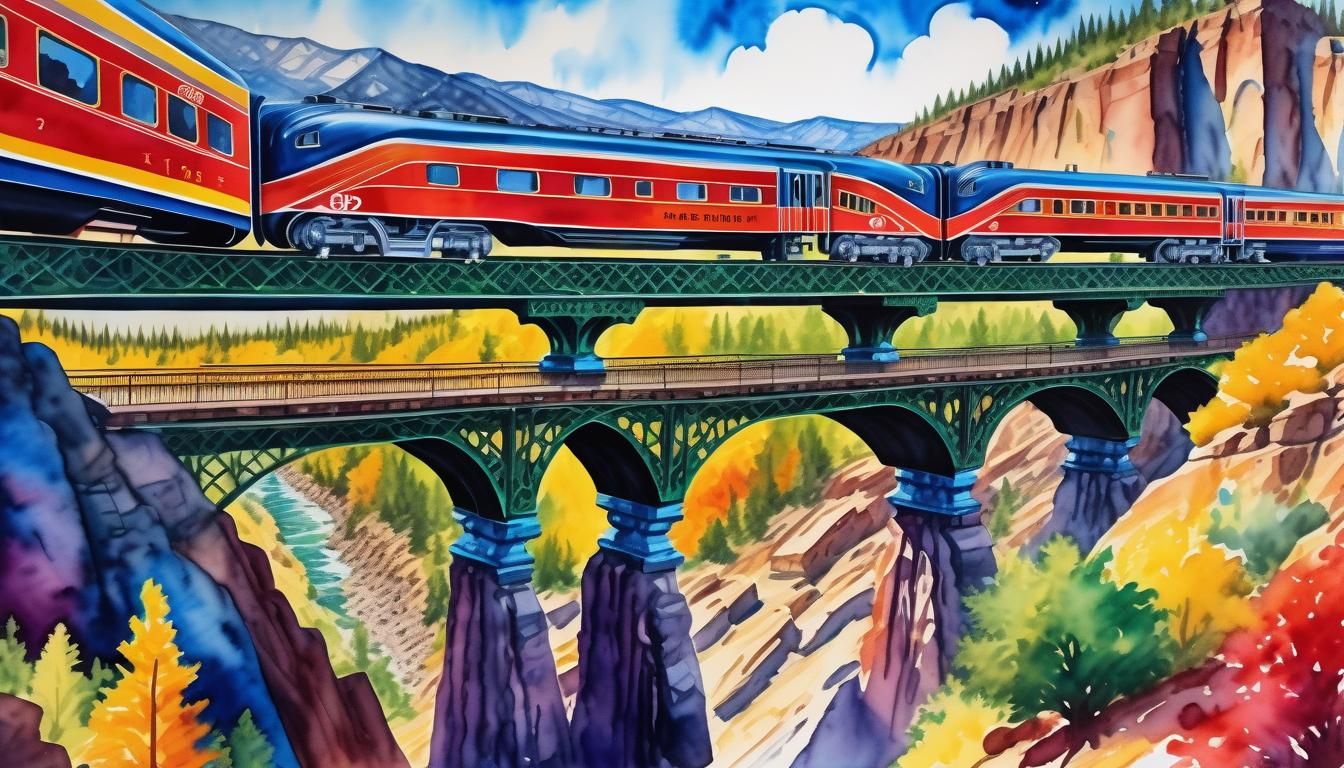 Passenger Train Over Chasm: Watercolor Art