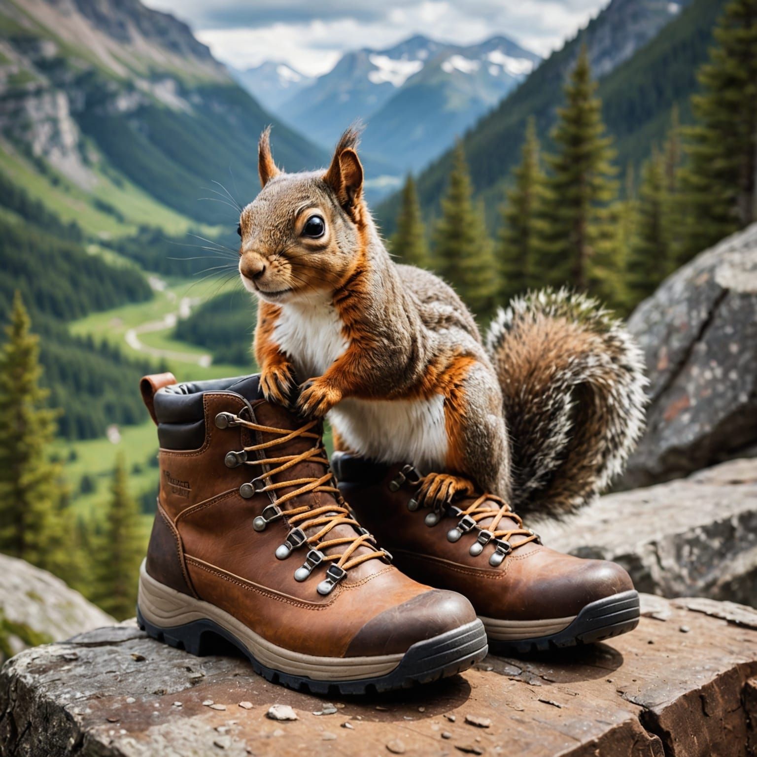Squirrel in Hiking Boot on Mountain Trail