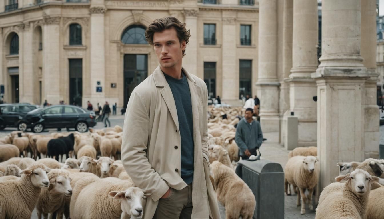 Fashion Model with Sheep in Paris, Natural Light Photography