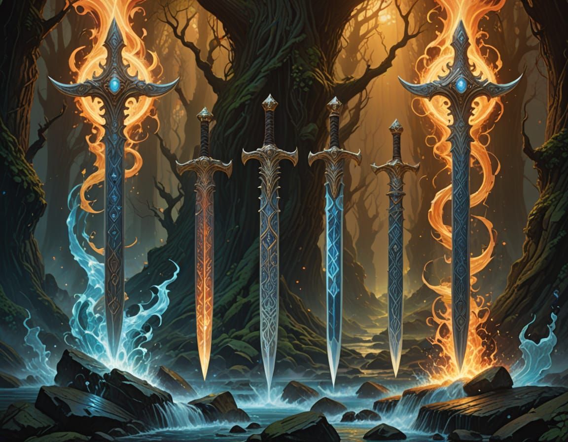 Epic Elemental Swords in Vibrant Fantasy Style