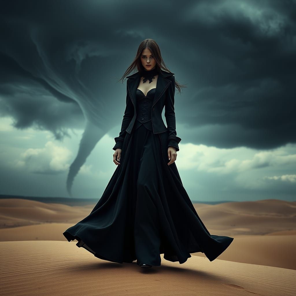 Mysterious Woman in Dark Atmosphere with Tornado