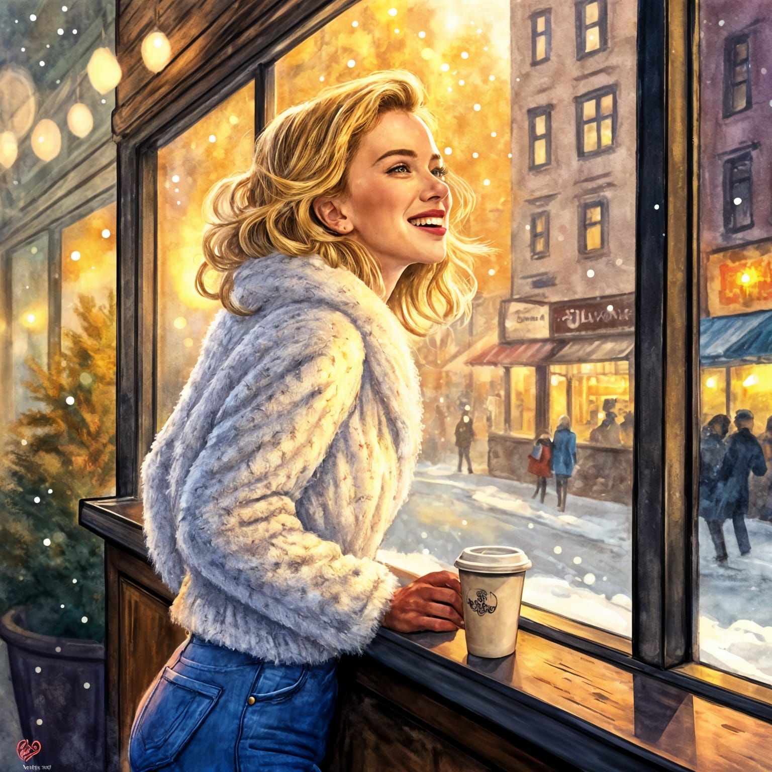 Stunning Watercolor-Inspired Portrait of a Cozy Coffee Shop...