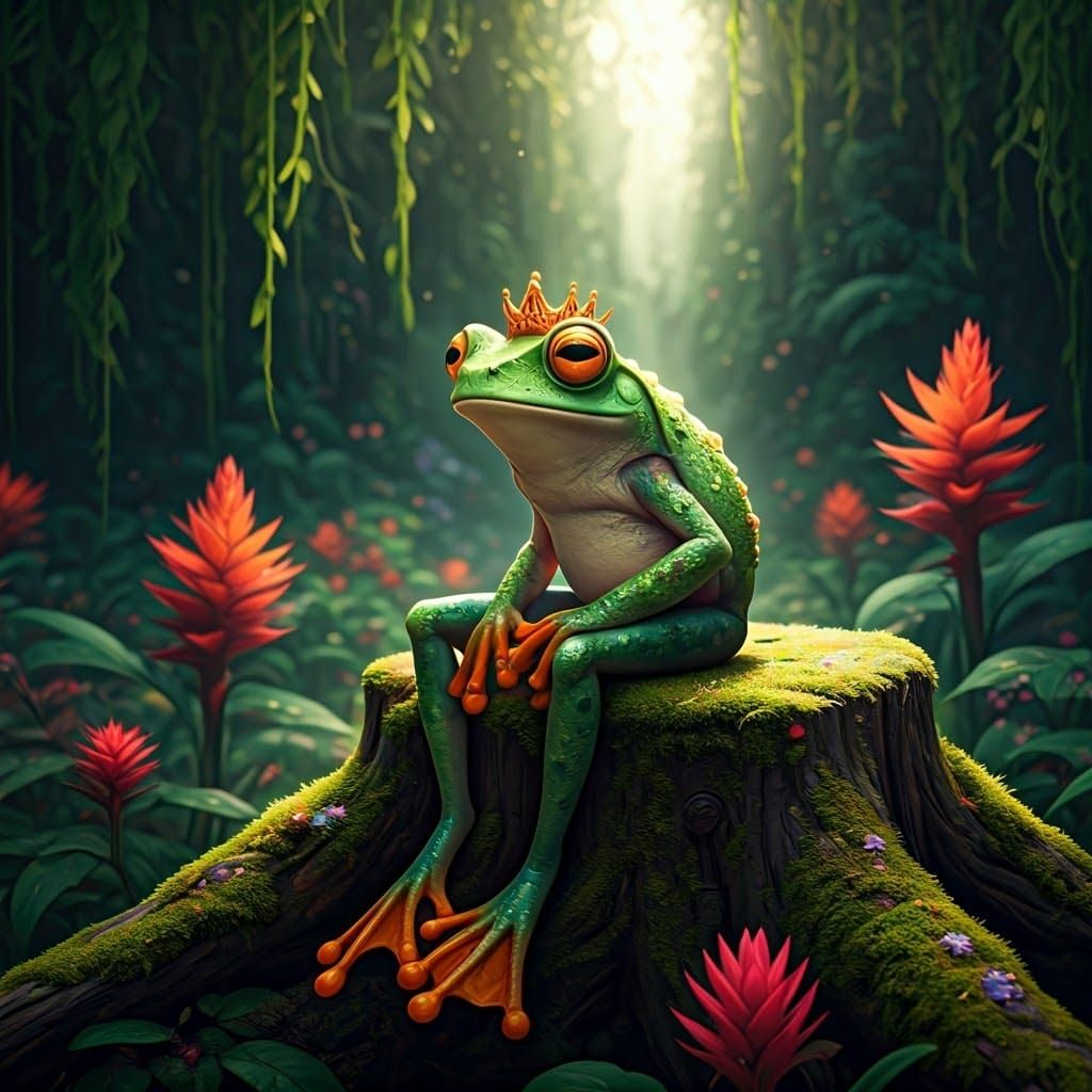Amphibian Prince in Mystical Forest, Digital Art