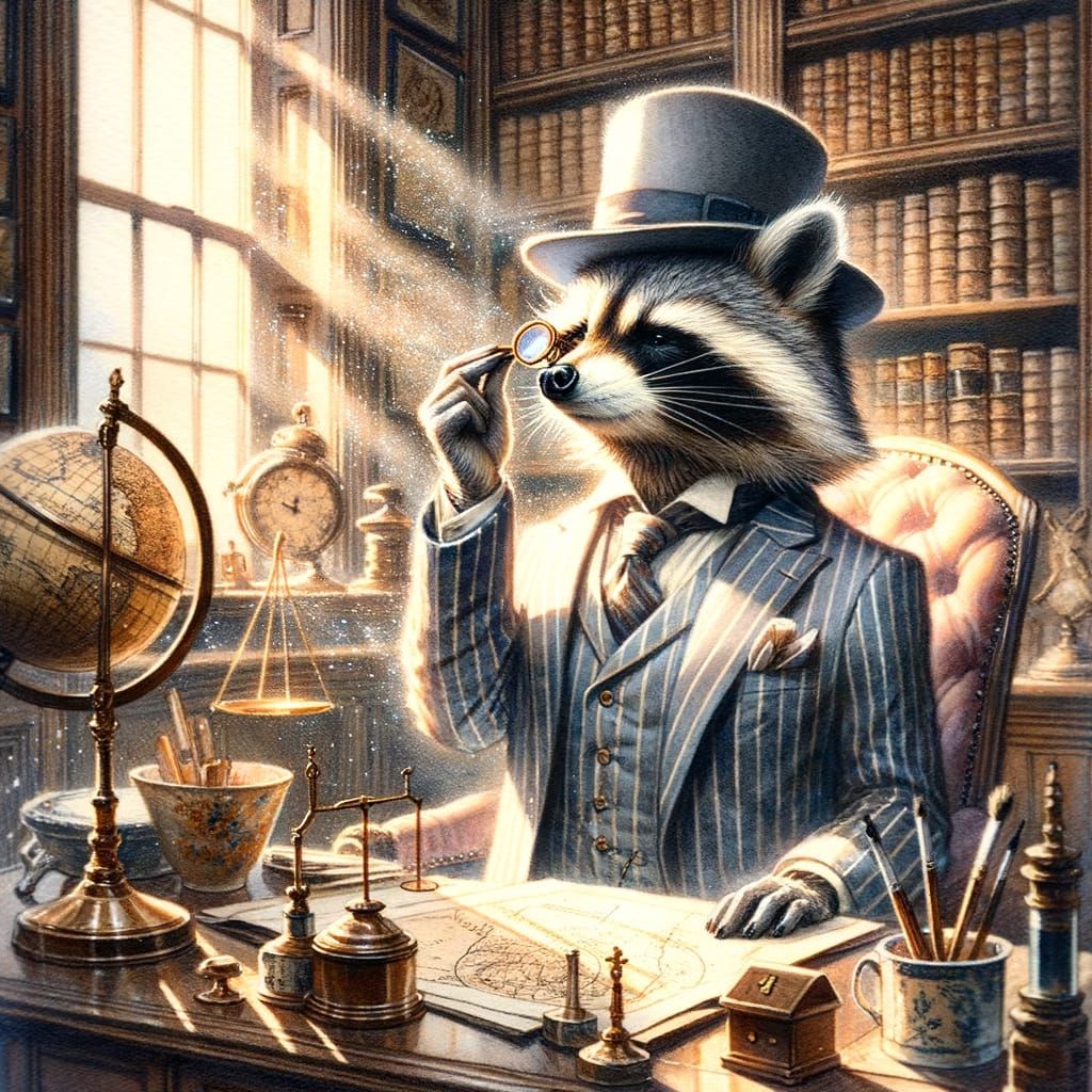 Raccoon Gentleman Polishing Monocle, Whimsical Watercolor