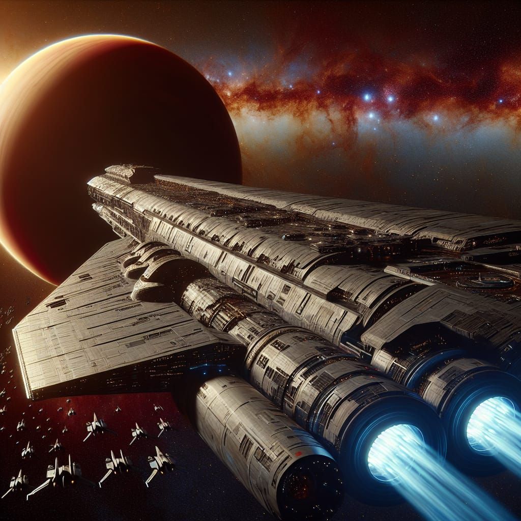 Massive Spaceship Orbits Red and Gold Gas Giant