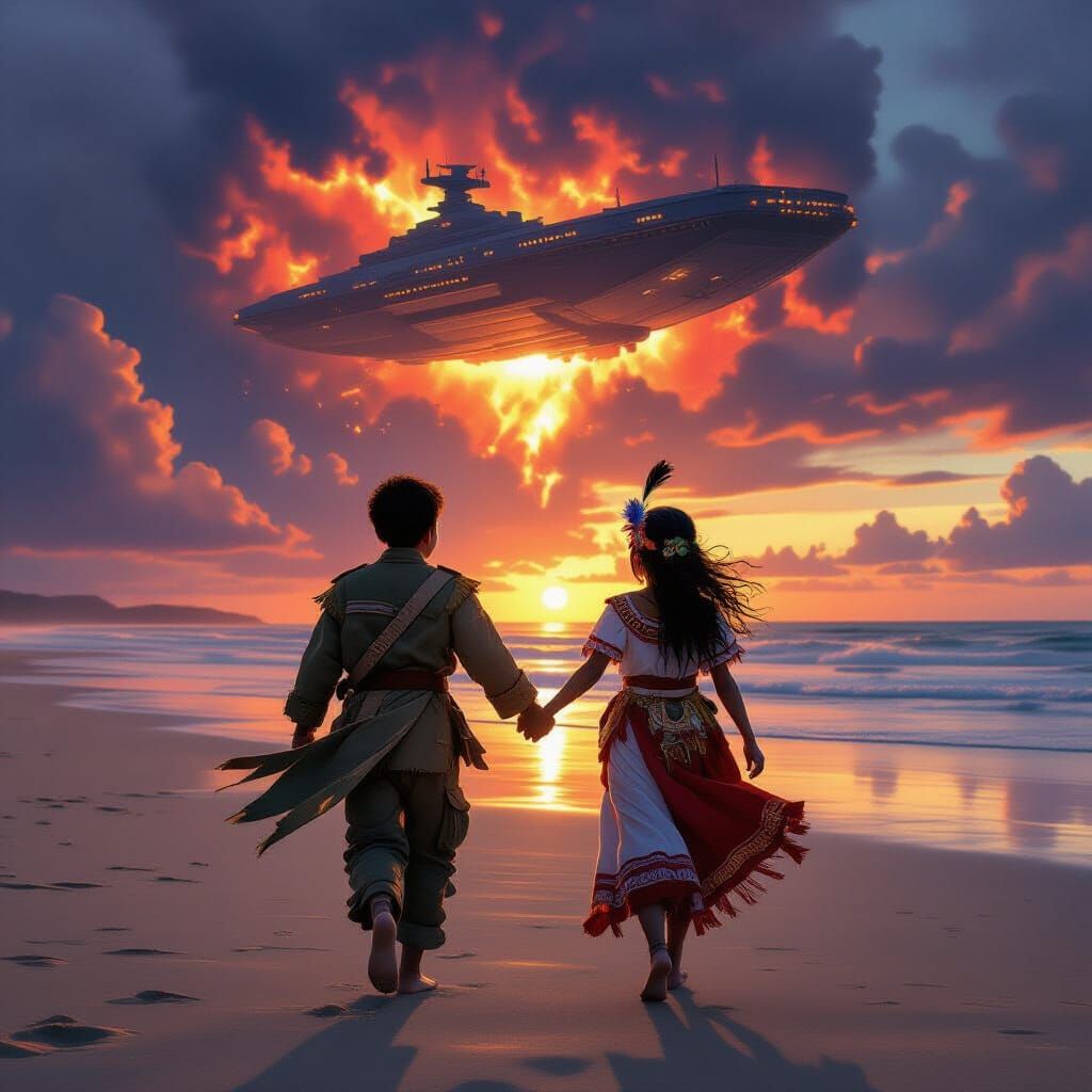 Young Lovers on Exploding Beach at Sunset