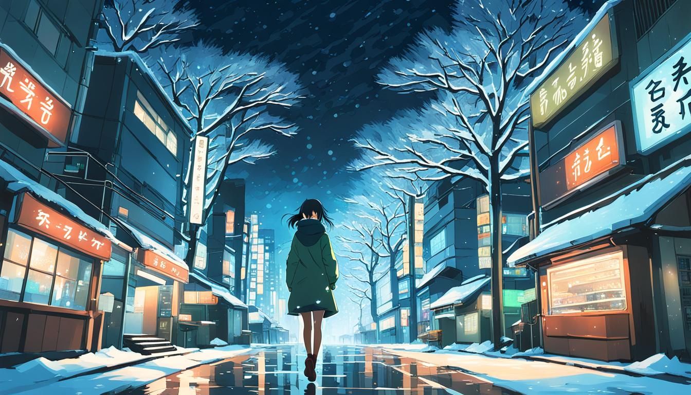 Girl in Winter Tokyo Night: Makoto Shinkai Style