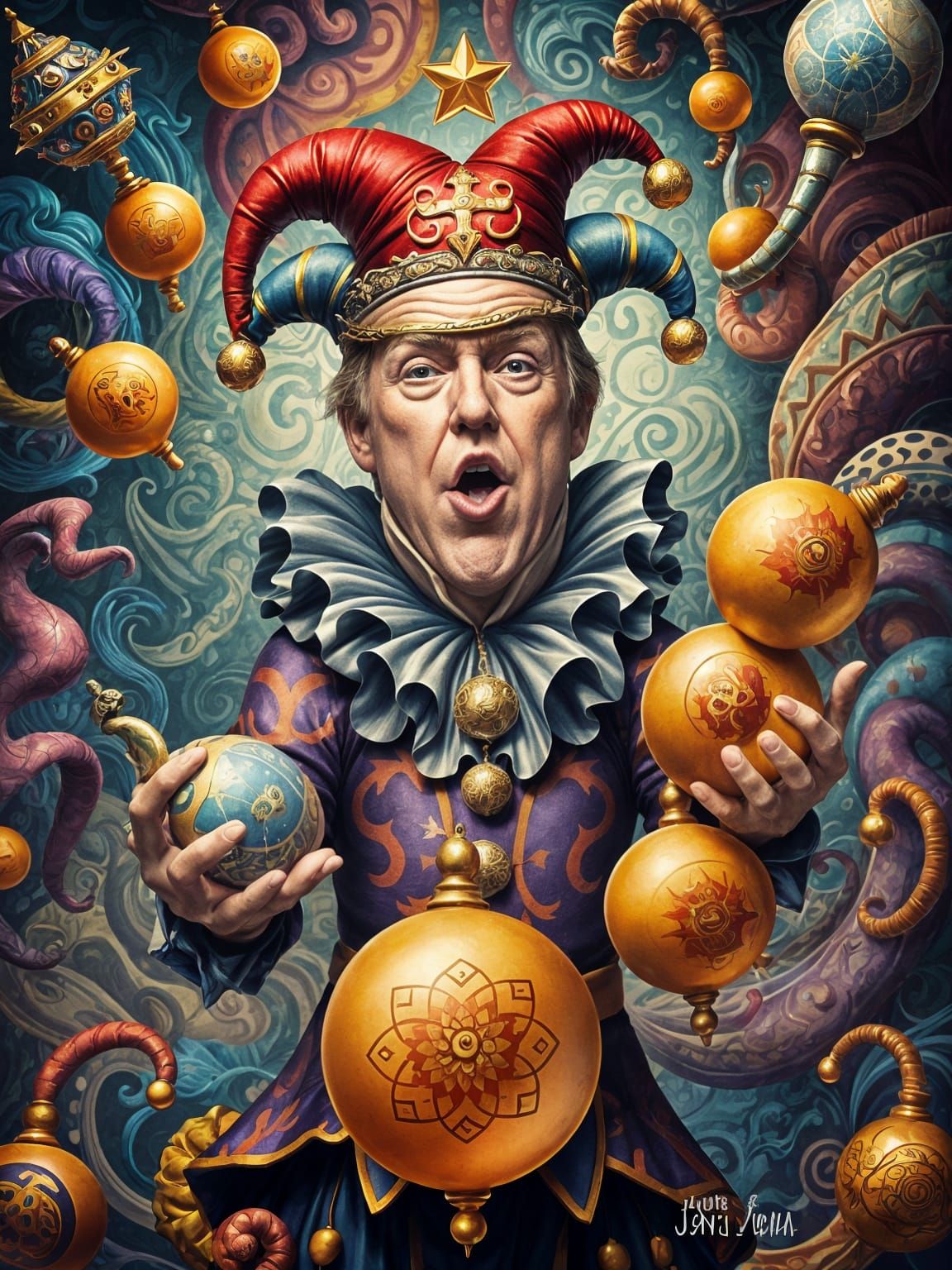 Surreal Jester Trump Juggles in Vibrant Maximalist Art