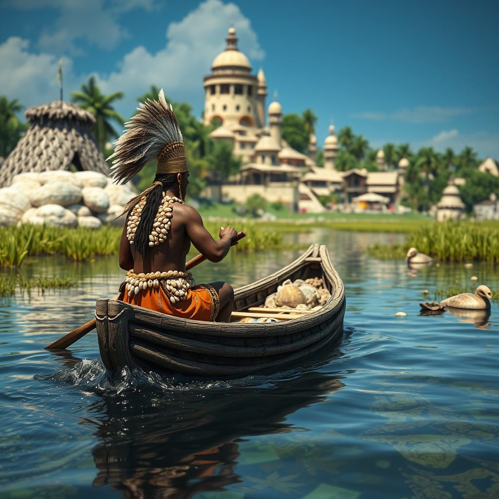 Calusa Tribe in Shell-Adorned Canoe Amidst Vibrant Village