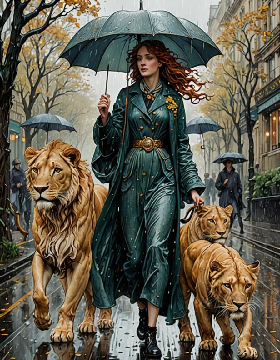 Art Nouveau Woman Walking with Lionesses in Rain