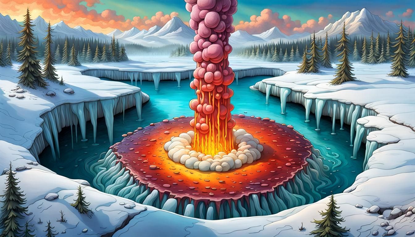 Vibrant Geyser Flows into Frozen River