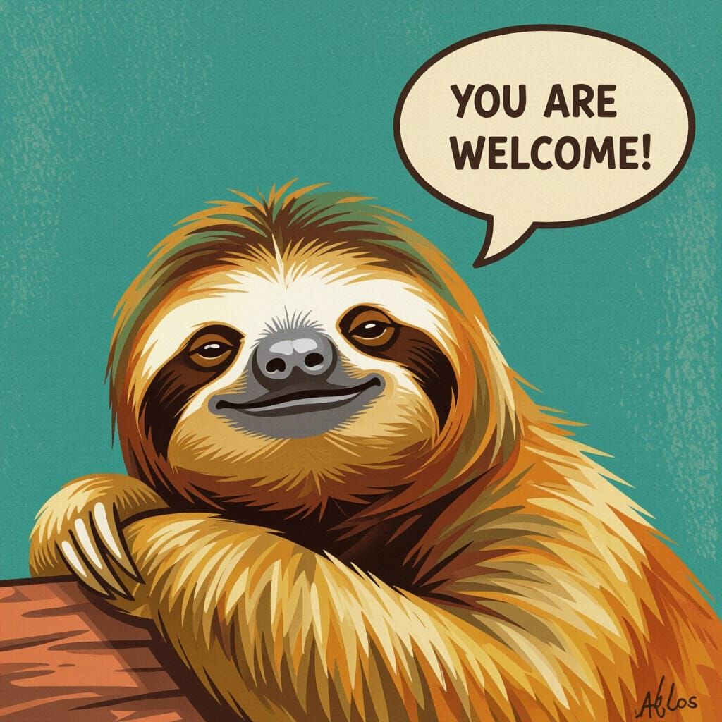 Smiling Sloth Portrait in Ocher and Teal