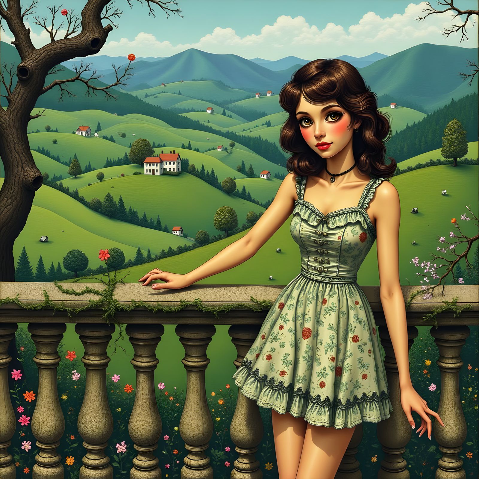 Young Woman in Lush Garden, Late 1960s Style