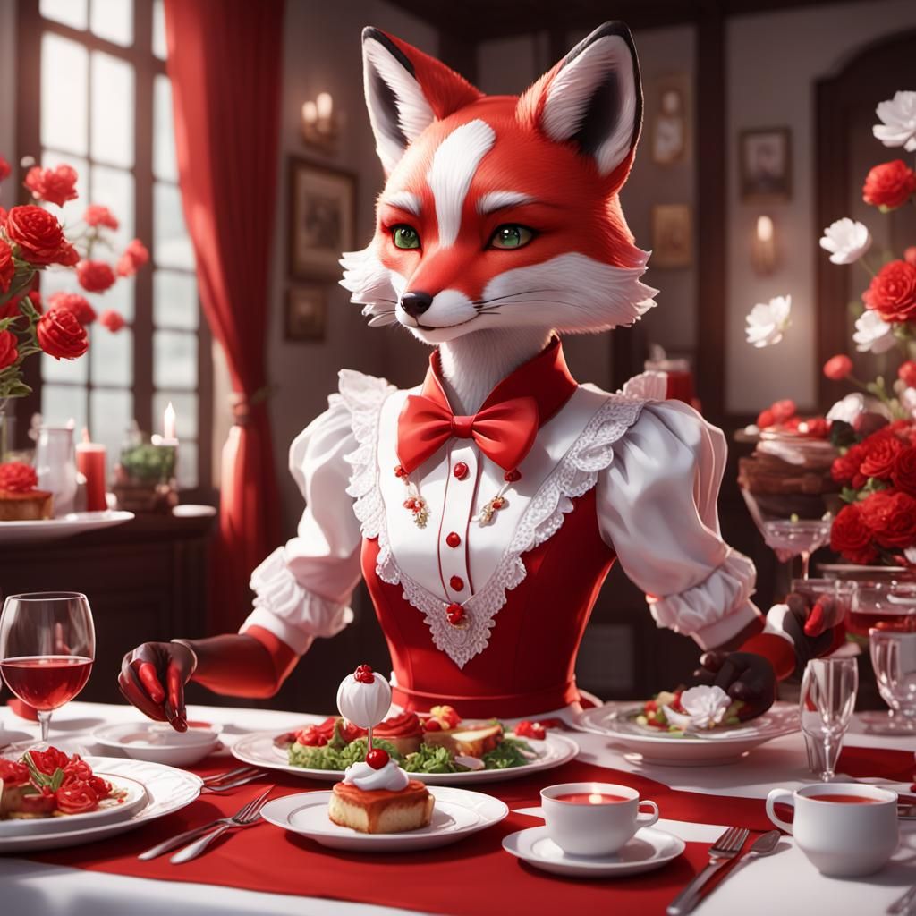 Stylish Anthropomorphic Fox at Dinner Party in Anime Style