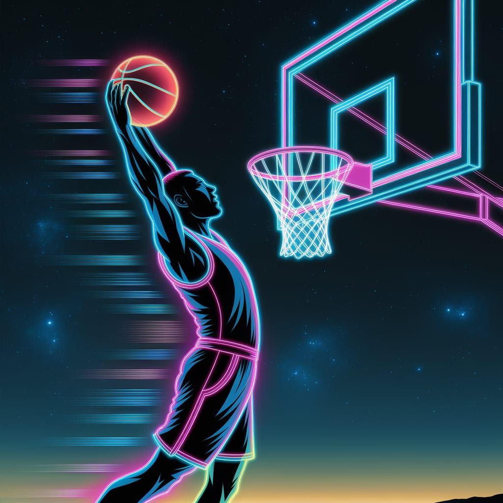 Neon Basketball Player Slam Dunk in Tron Style