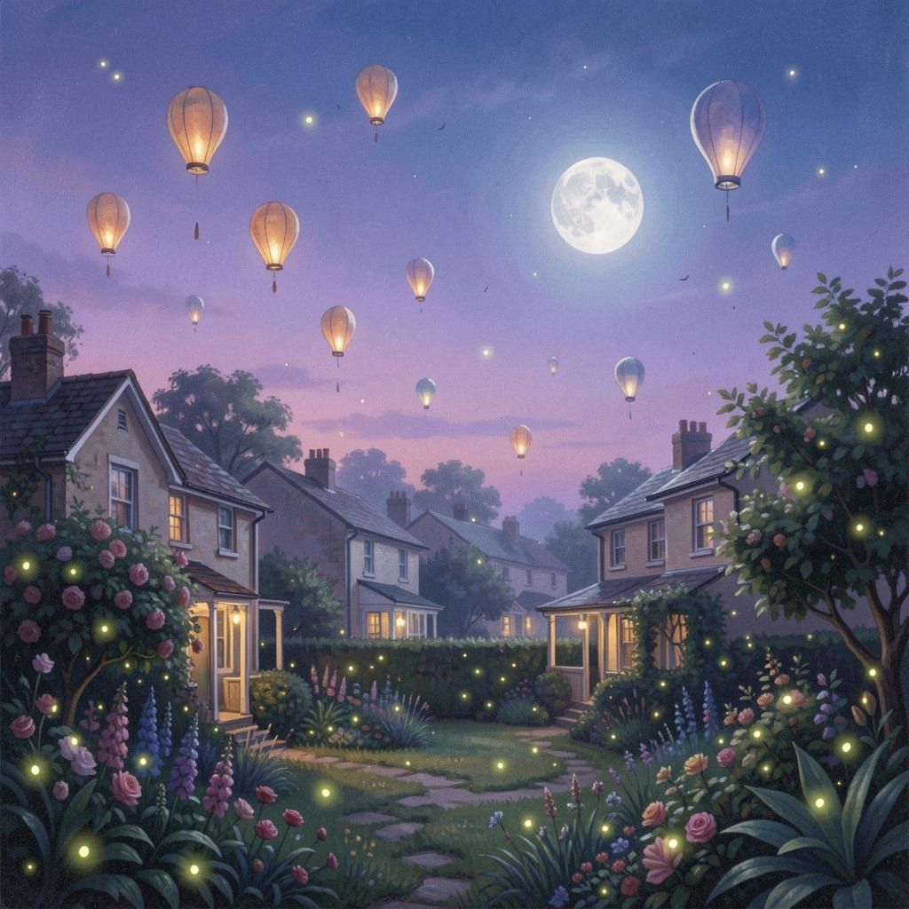 Magical Twilight Sky with Floating Lanterns and Fireflies