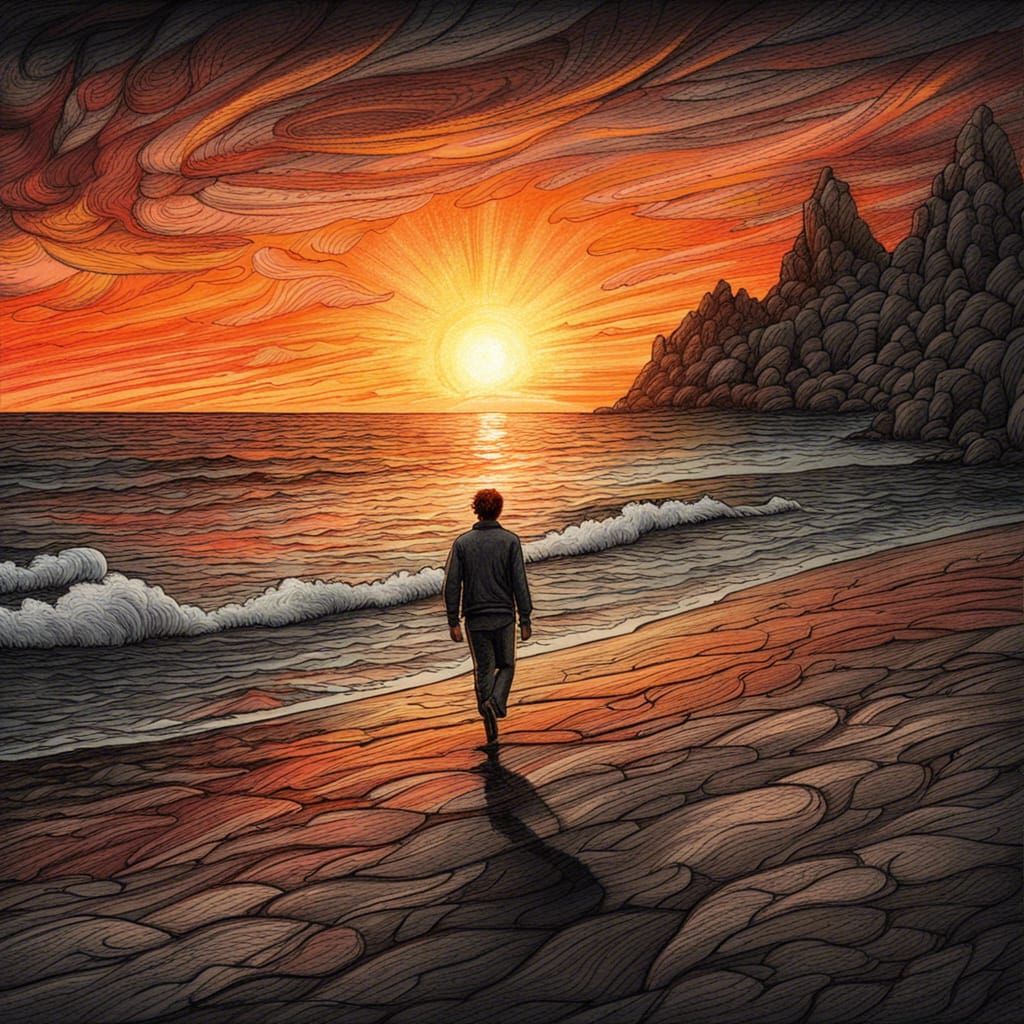 Man on Beach at Sunset: Charcoal Style Drawing