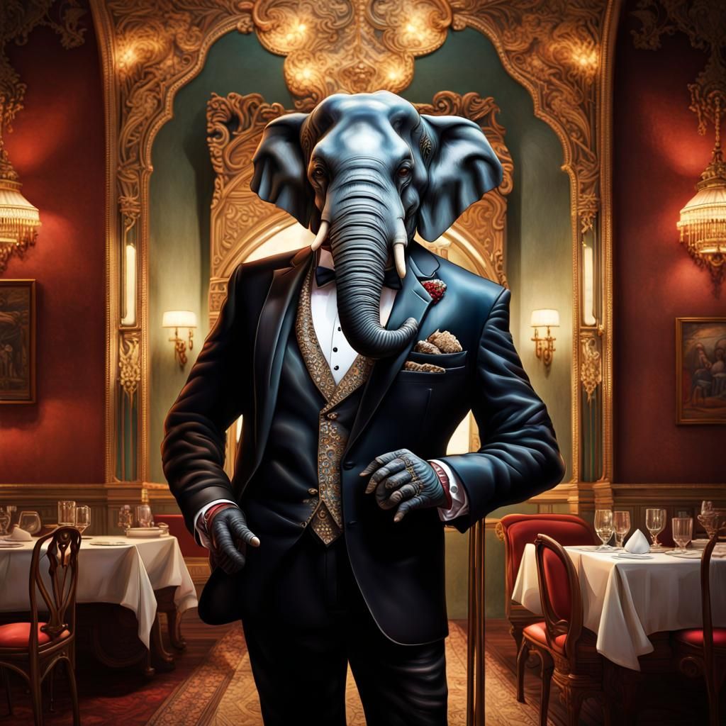 Ornate Elephant in Tuxedo Outside Italian Restaurant