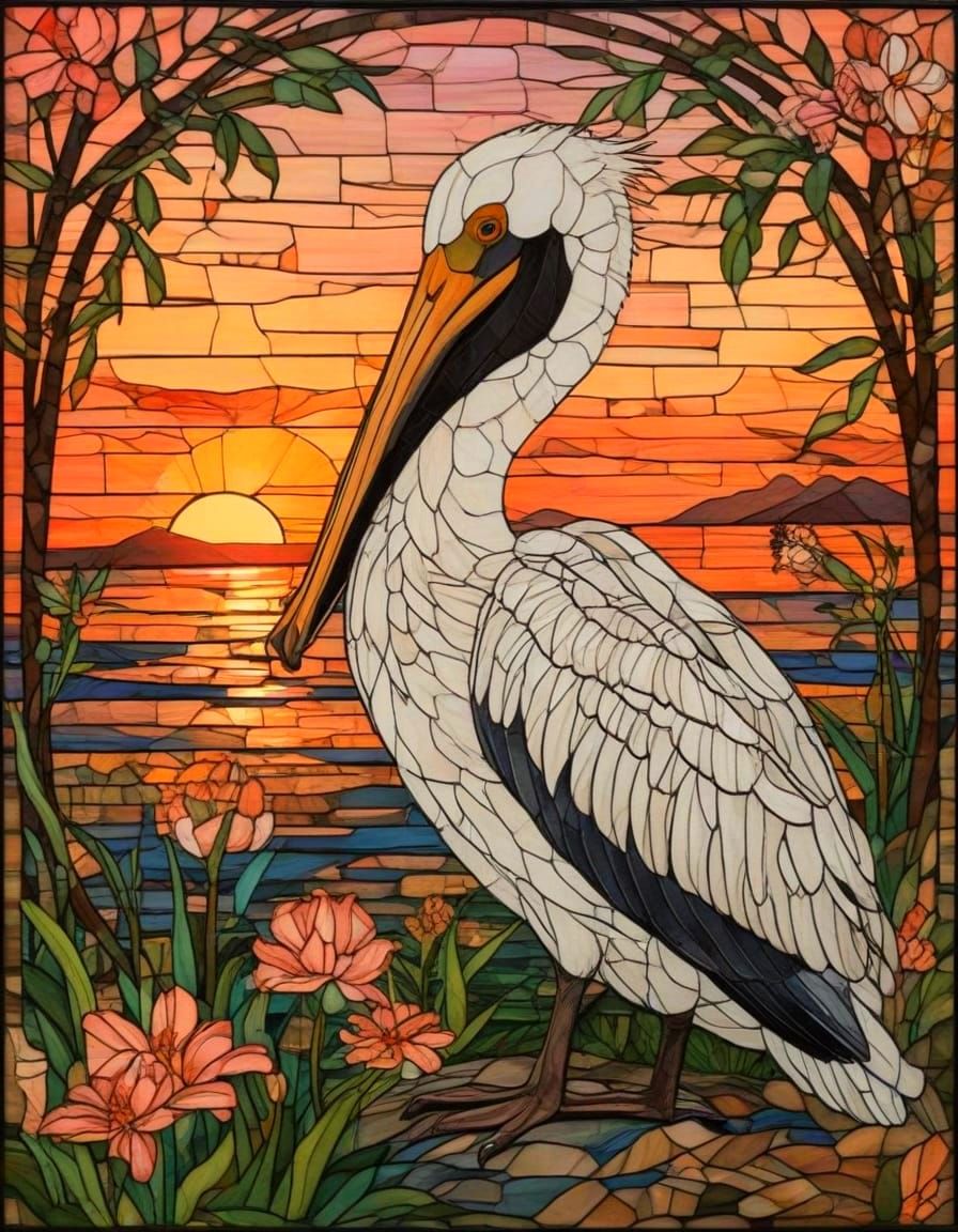 Surreal Mosaic Pelican Portrait Amidst Savannah Sunset