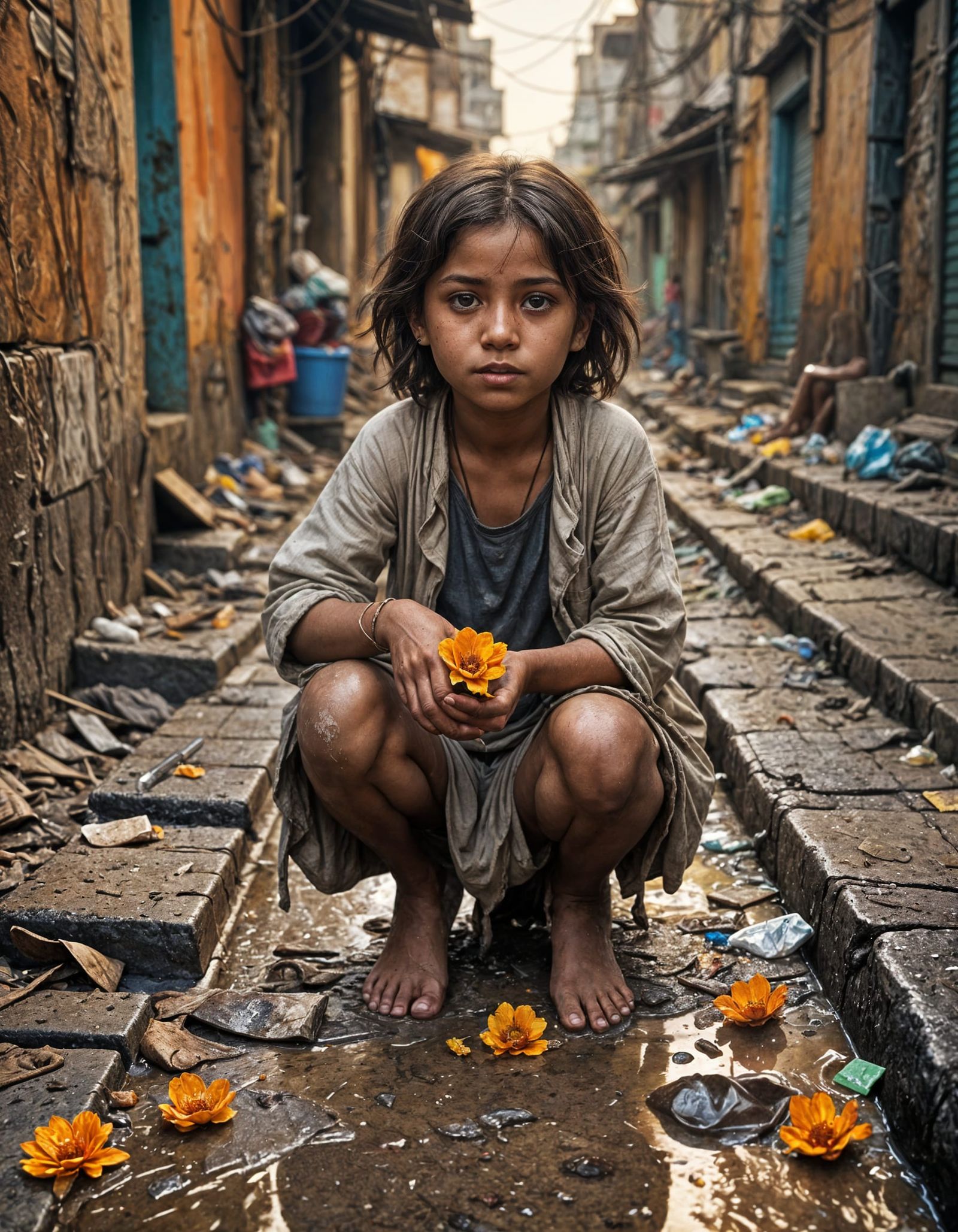 Child and Flower in Calcutta Slum: Hyperrealistic Art