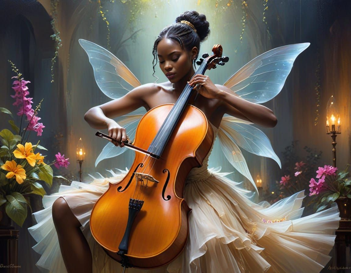 African Fairy Plays Cello, Anna Razumovskaya Style