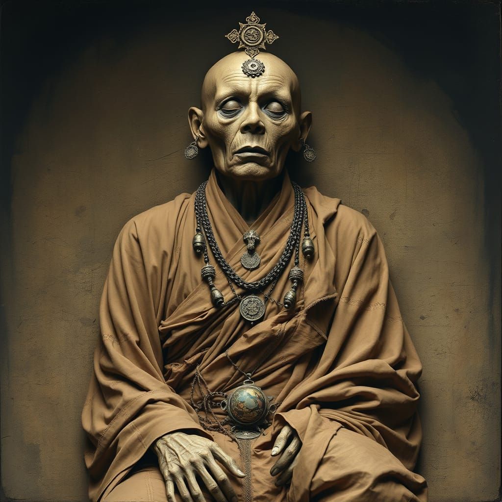 Mummified Monk in Beksiński-Inspired Mystical Realism