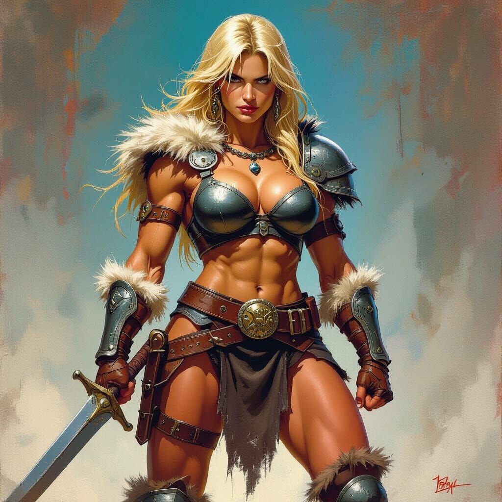 Vibrant Barbarian Woman in Battle-Ready Pose