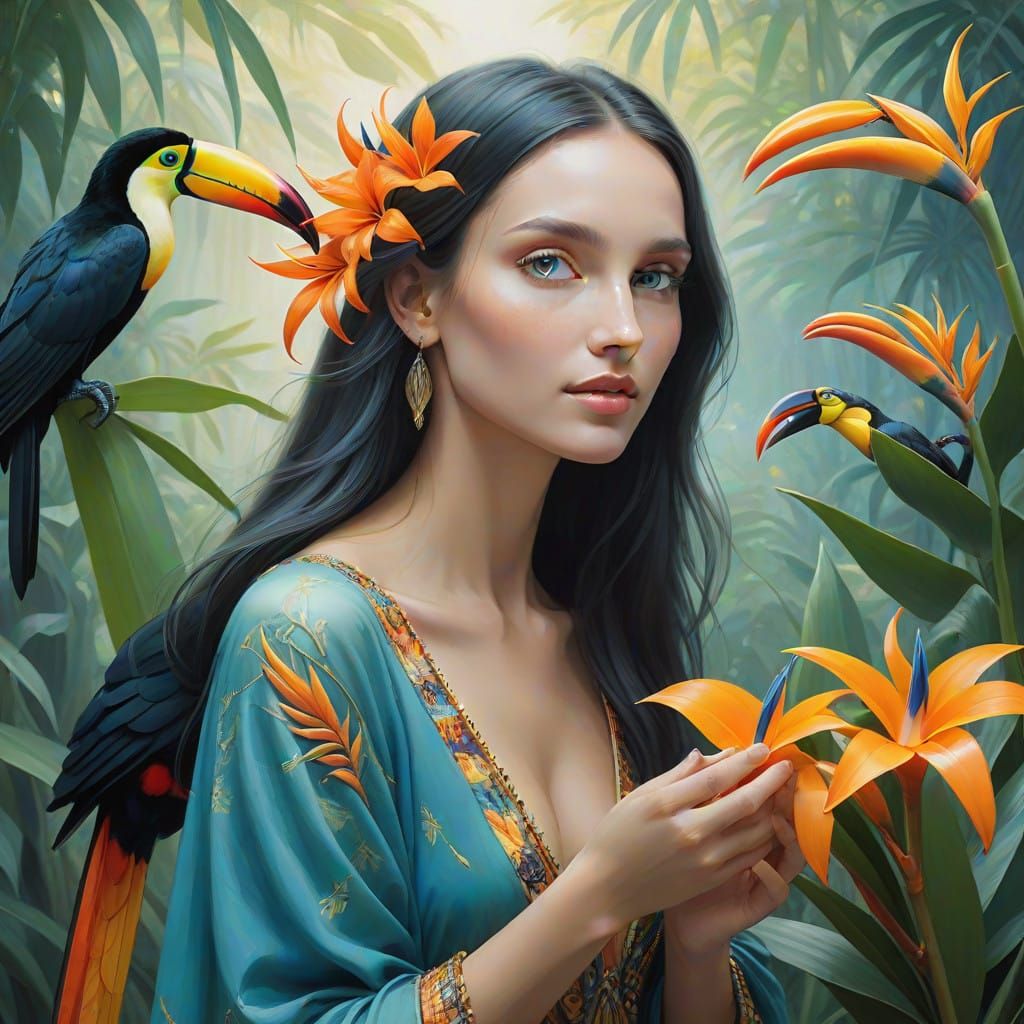 Toucans Surround a Serene Woman in a Dreamlike Nature Scene