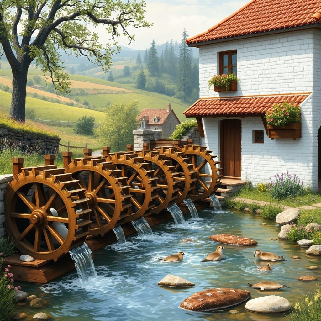 Whimsical Waterwheels in a Bucolic Landscape