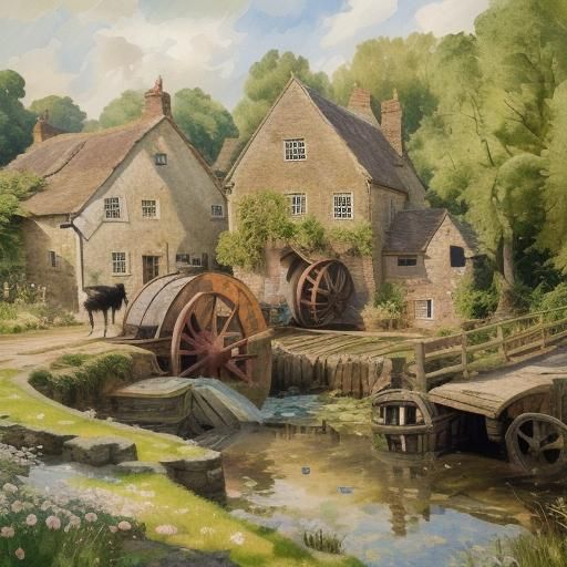 English Watermill Scene in Gouache Style