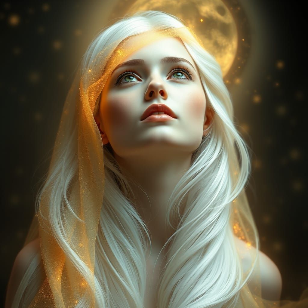 Enchanting Ethereal Woman in Golden Veil, Ascending to Celes...
