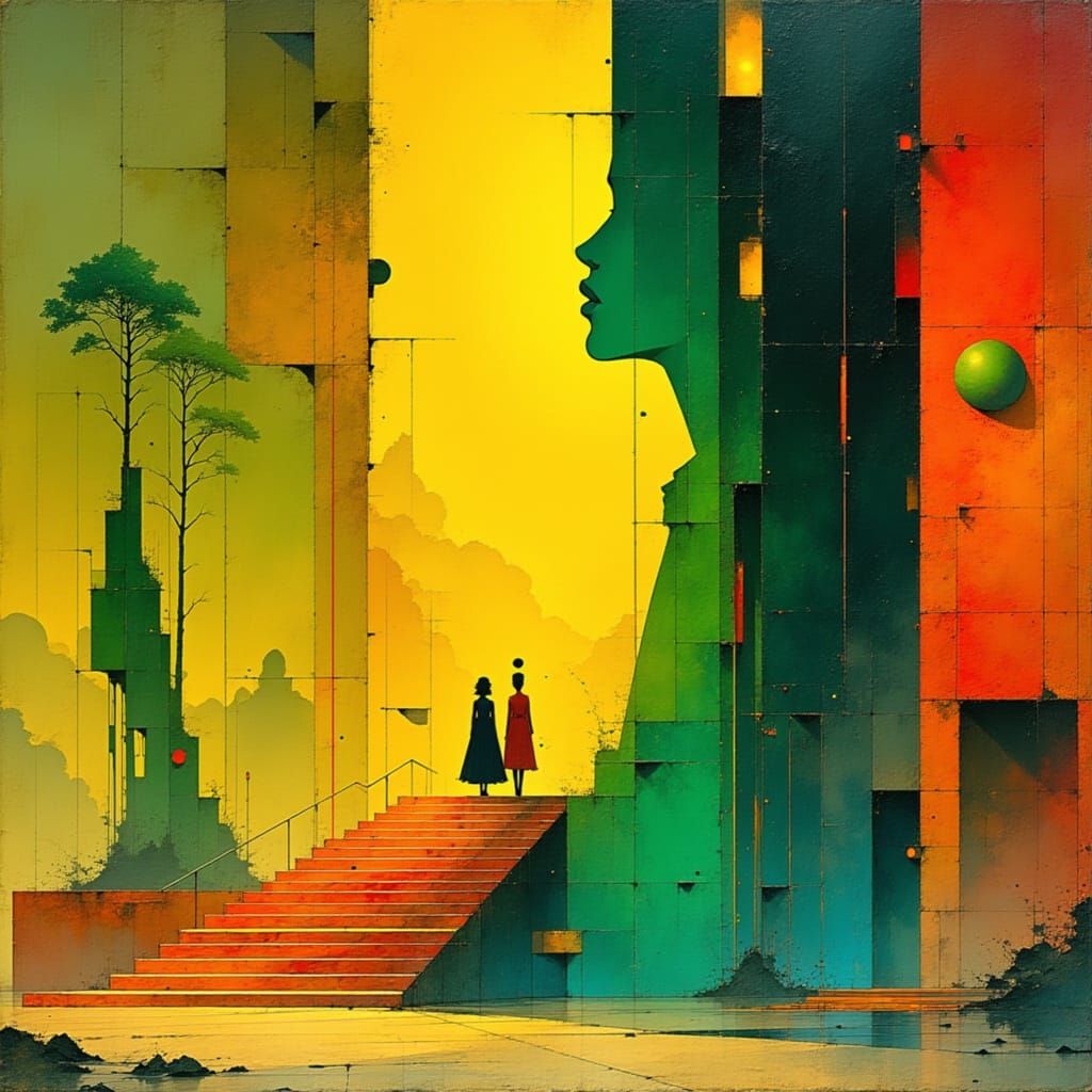 Abstract Couple Sculpture Emits Staircase to Modern Museum