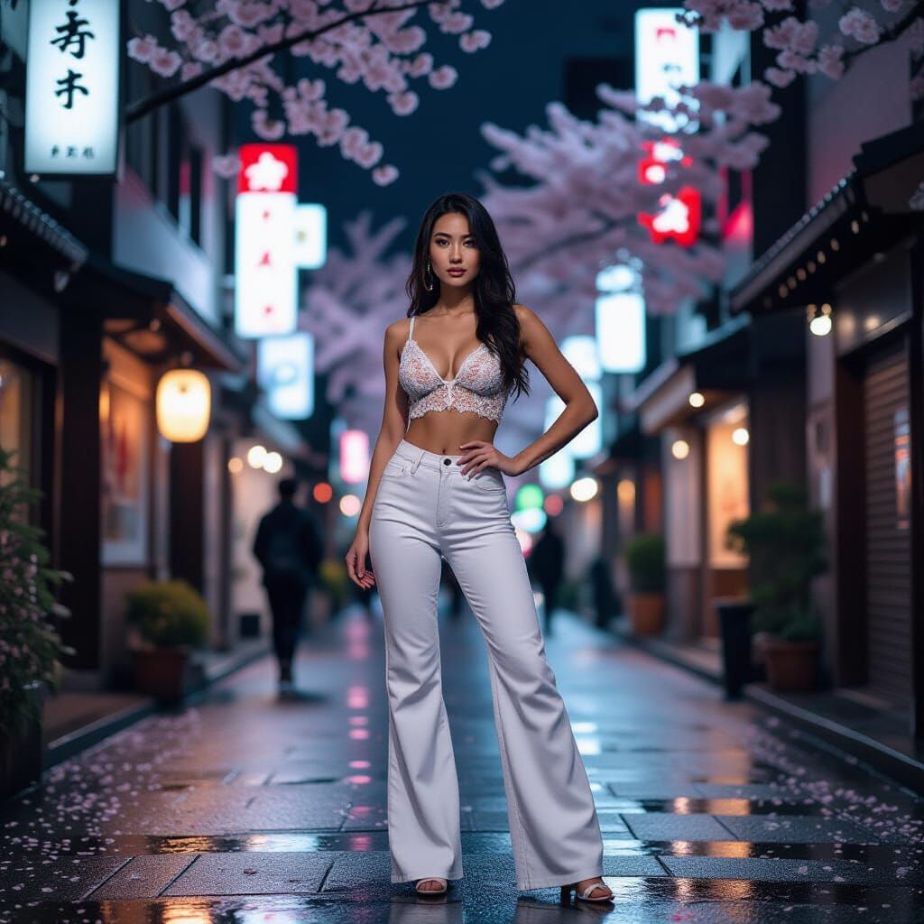 Woman Posing in Tokyo Street with Cherry Blossoms and Neon L...