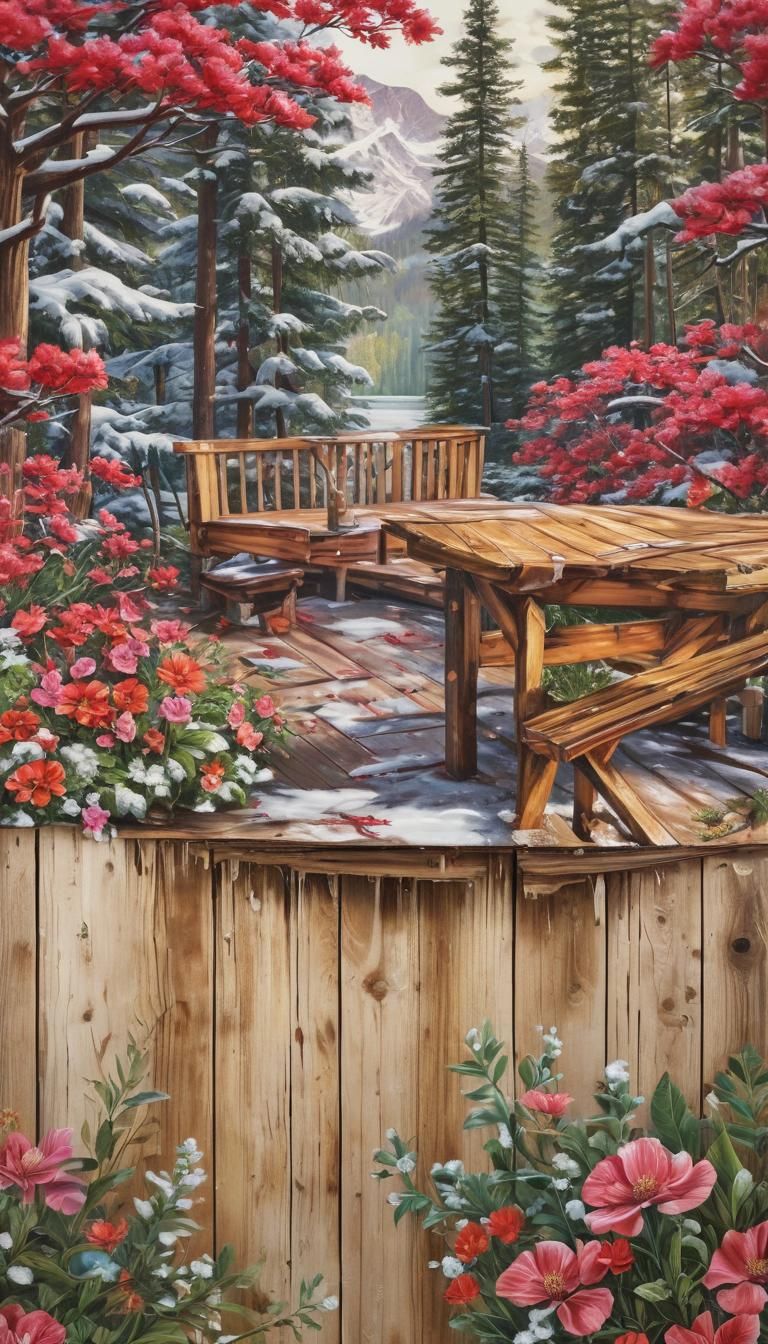 Lakeside Cabin Patio in Vibrant Street Art Style