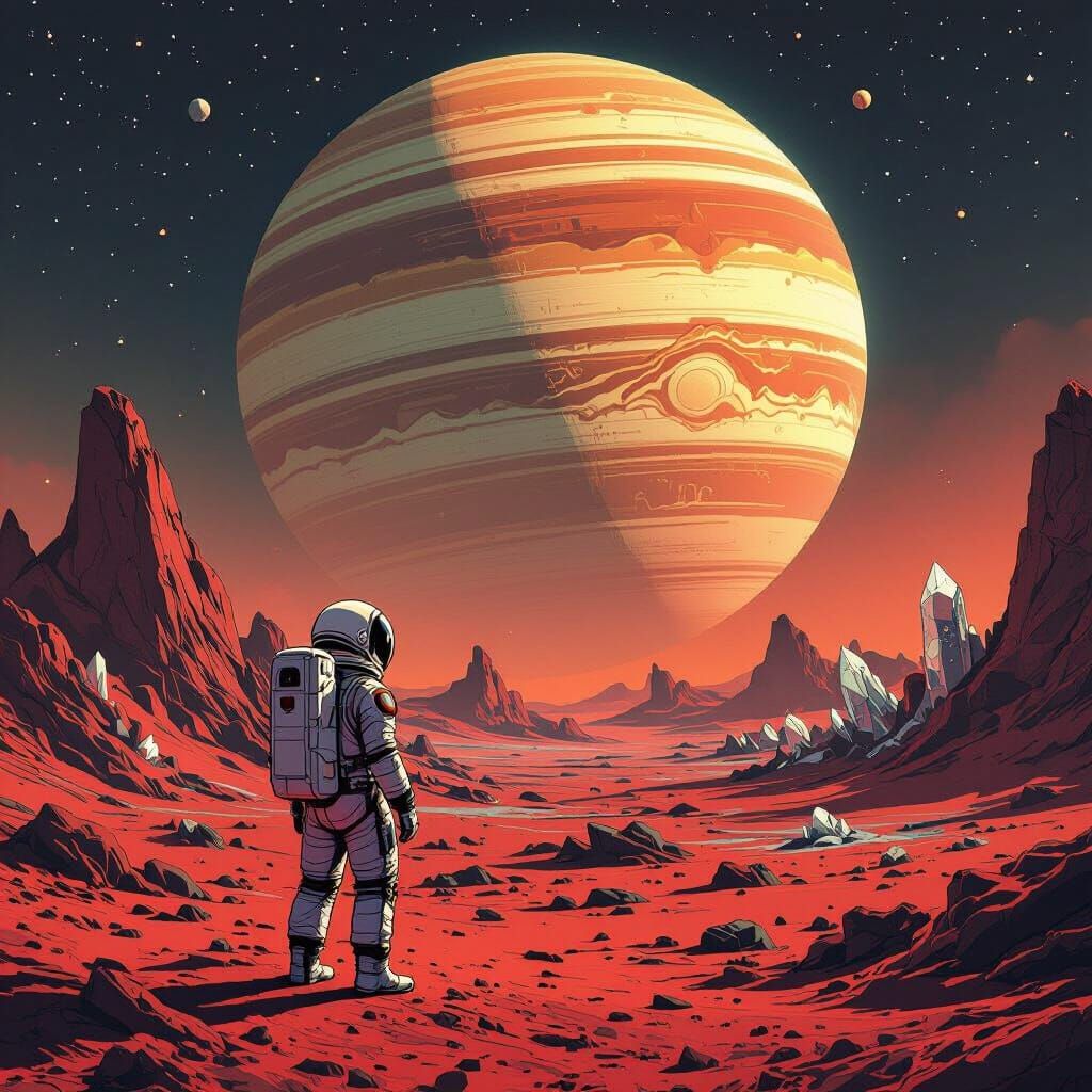 Astronaut Explores Alien Planet Under Giant Gas Giant Sky