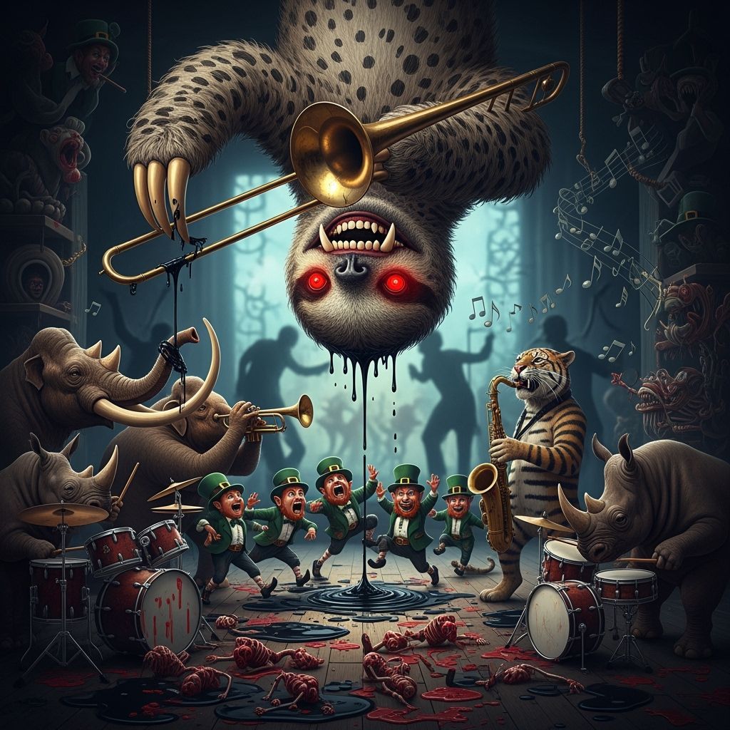 Nightmarish Prehistoric Sloth Plays Trombone Amidst Chaos