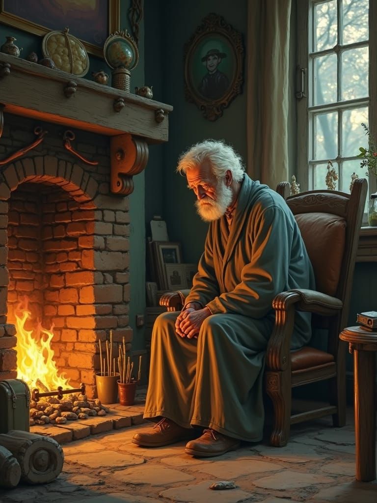 Nostalgic Retired Mage by Fireplace in Digital Art Style