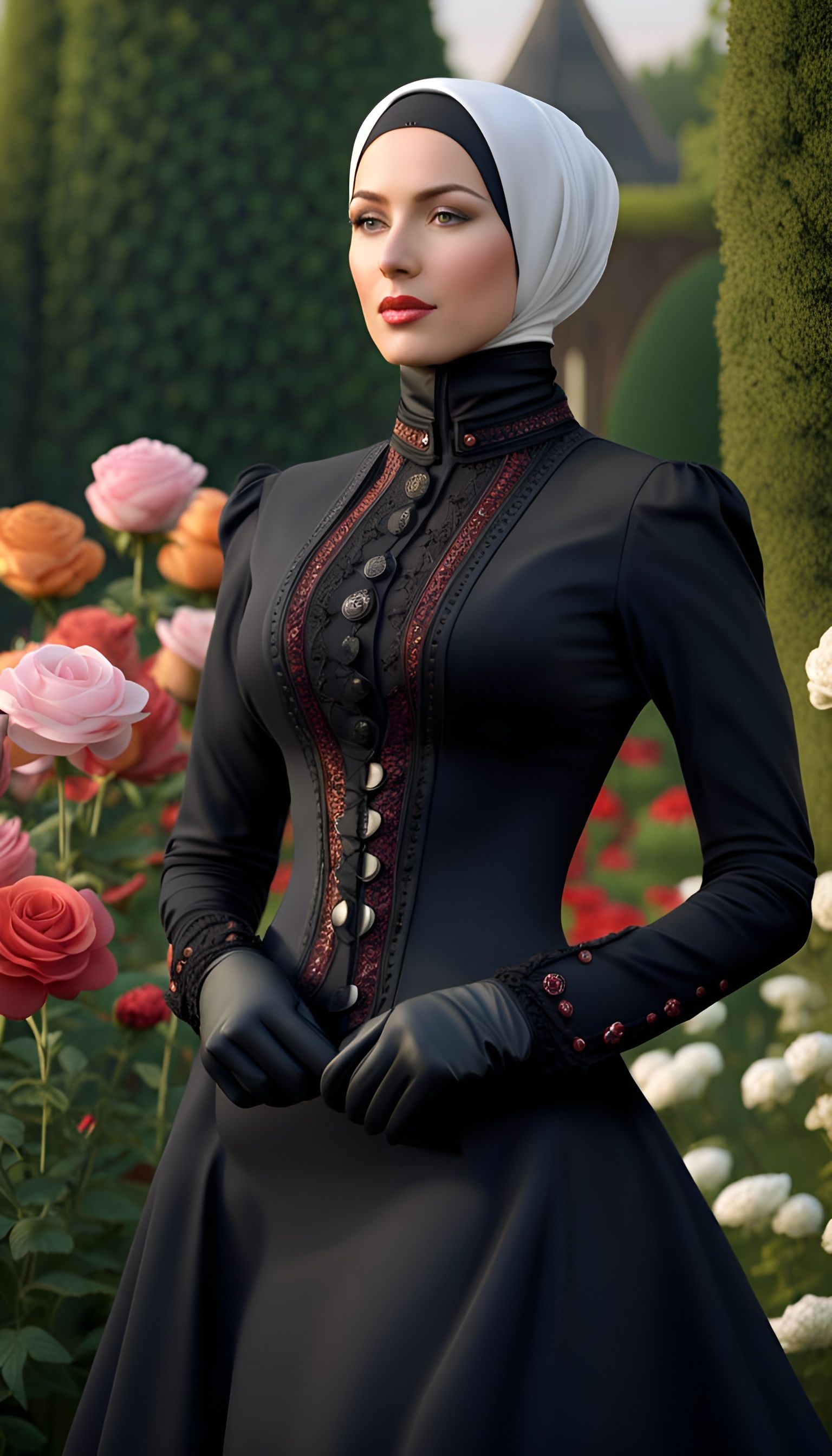 Victorian Woman in Hijab in Rose Garden
