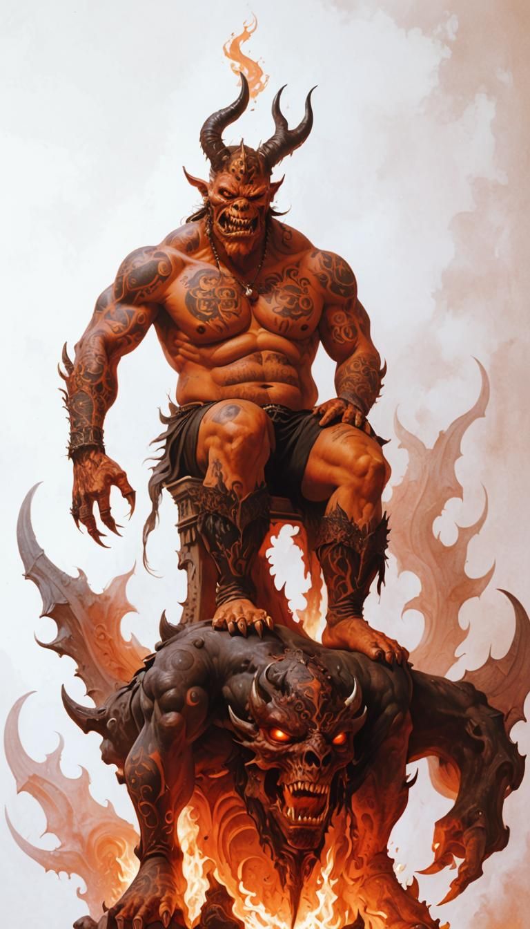 Tattooed Hell Demon on Throne in Dark Fantasy Art