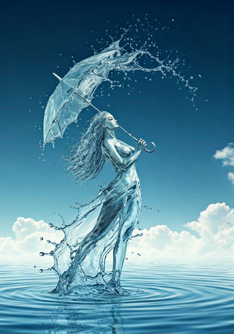 Ethereal Water Nymph with Umbrella in Soft Light