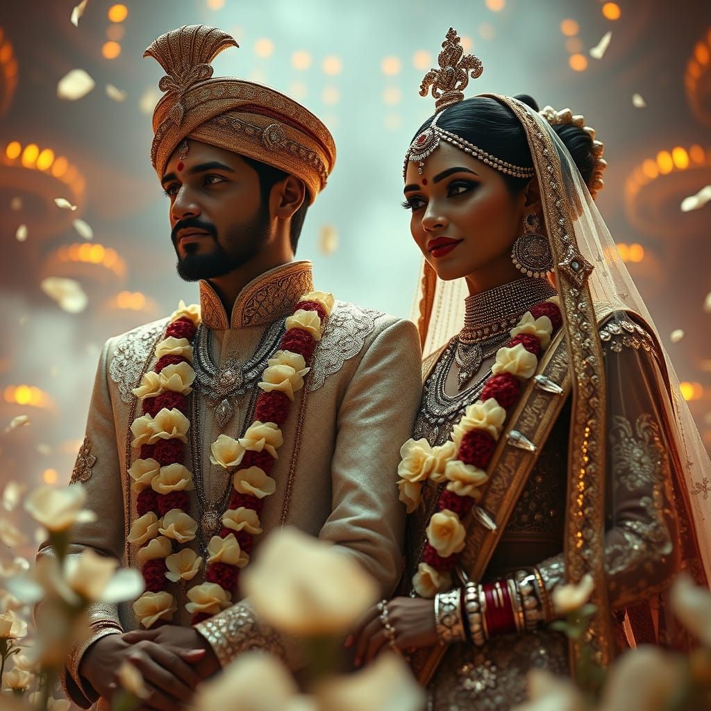 Regal Indian Couple in Cyberpunk Jasmine Attire