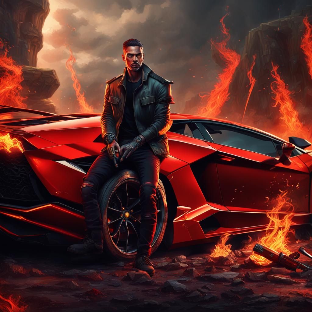 Eshay with Knife, Girl, and Burning Lamborghini