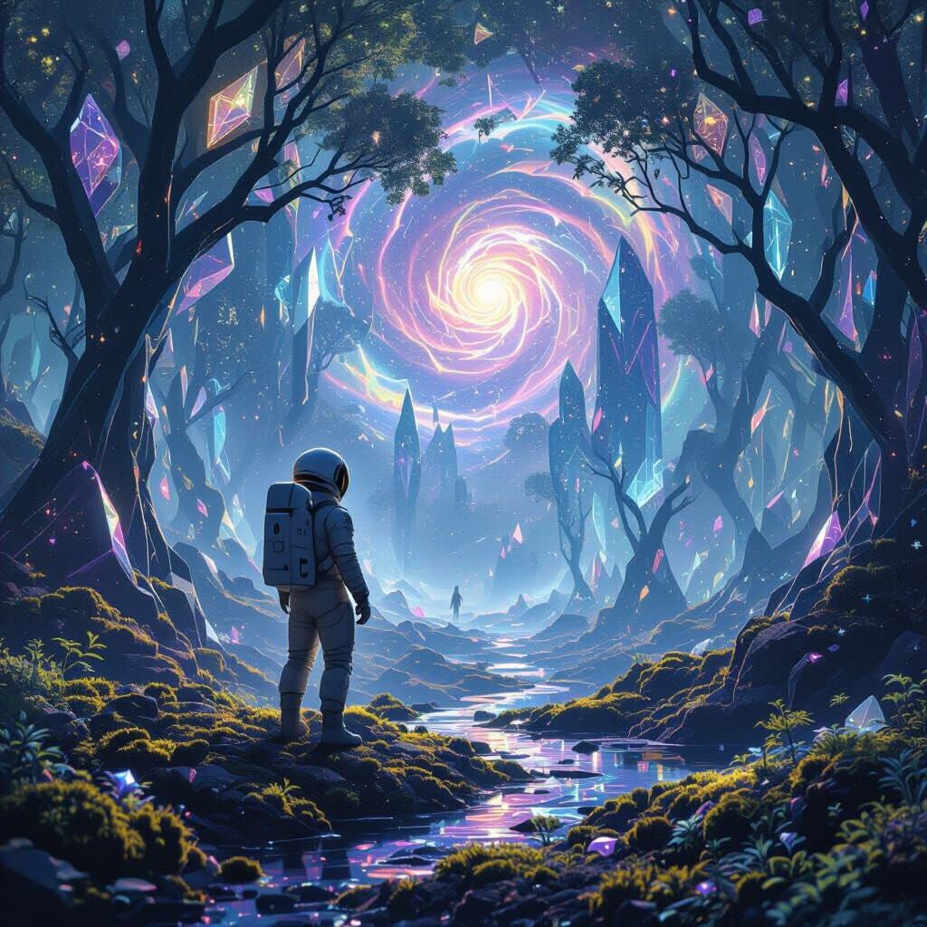 Astronaut Gazes at Alien Crystal Forest in Cosmic Vista