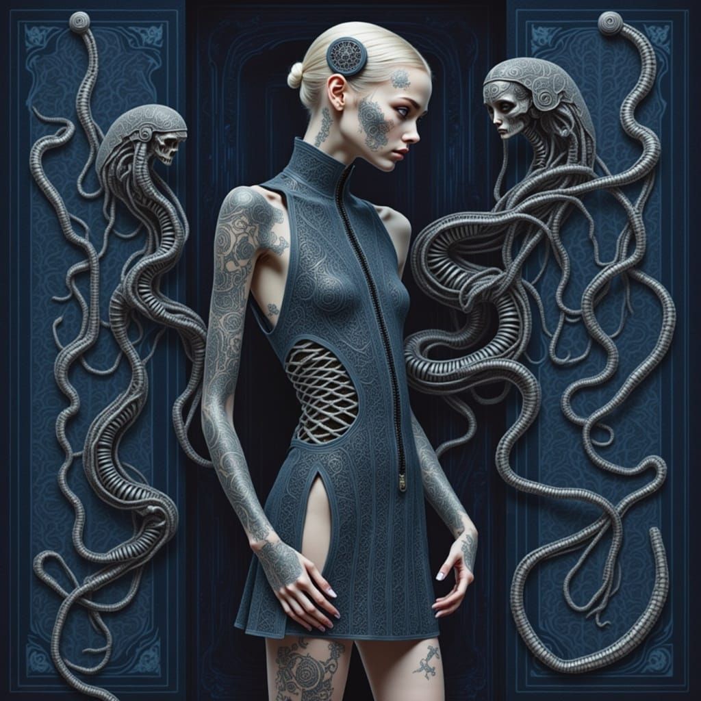 Cyborg Woman with Centipede Tattoos in Giger Style