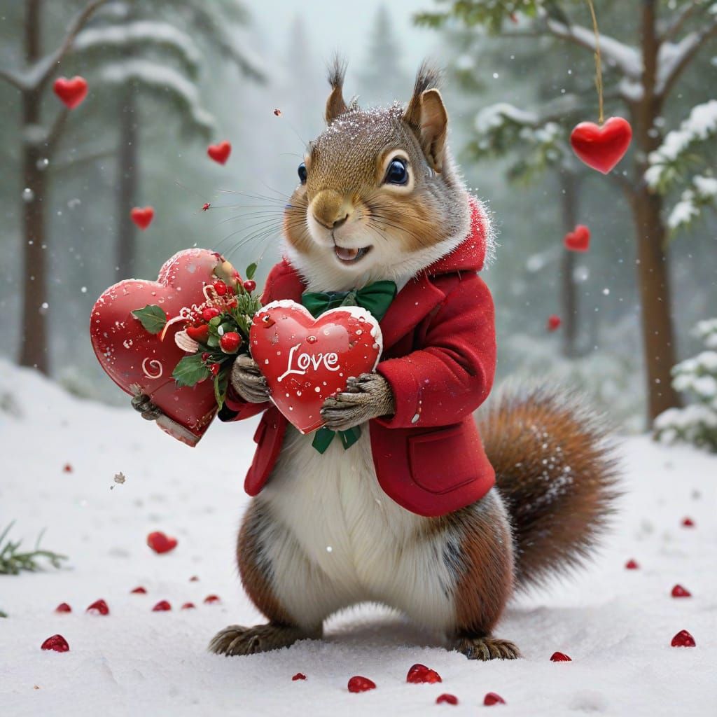 Joyful Squirrel in Red Business Suit Delights in Winter Wond...