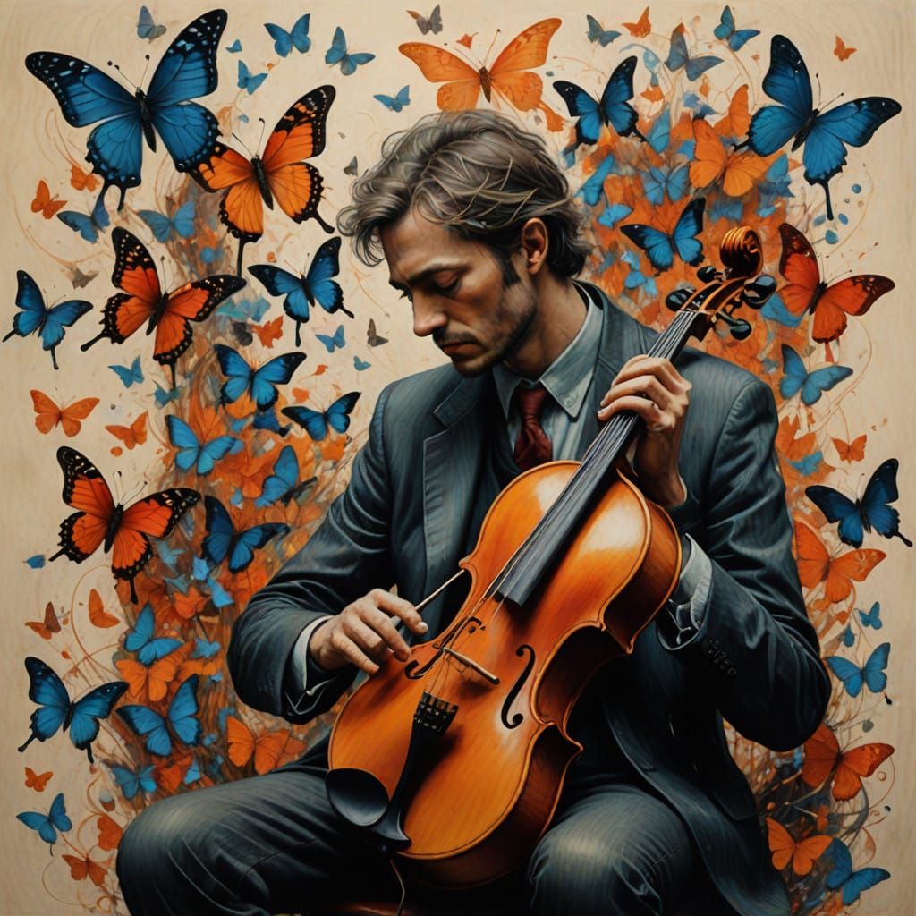Musicians Surrounded by Whimsical Butterflies in Charcoal Dr...