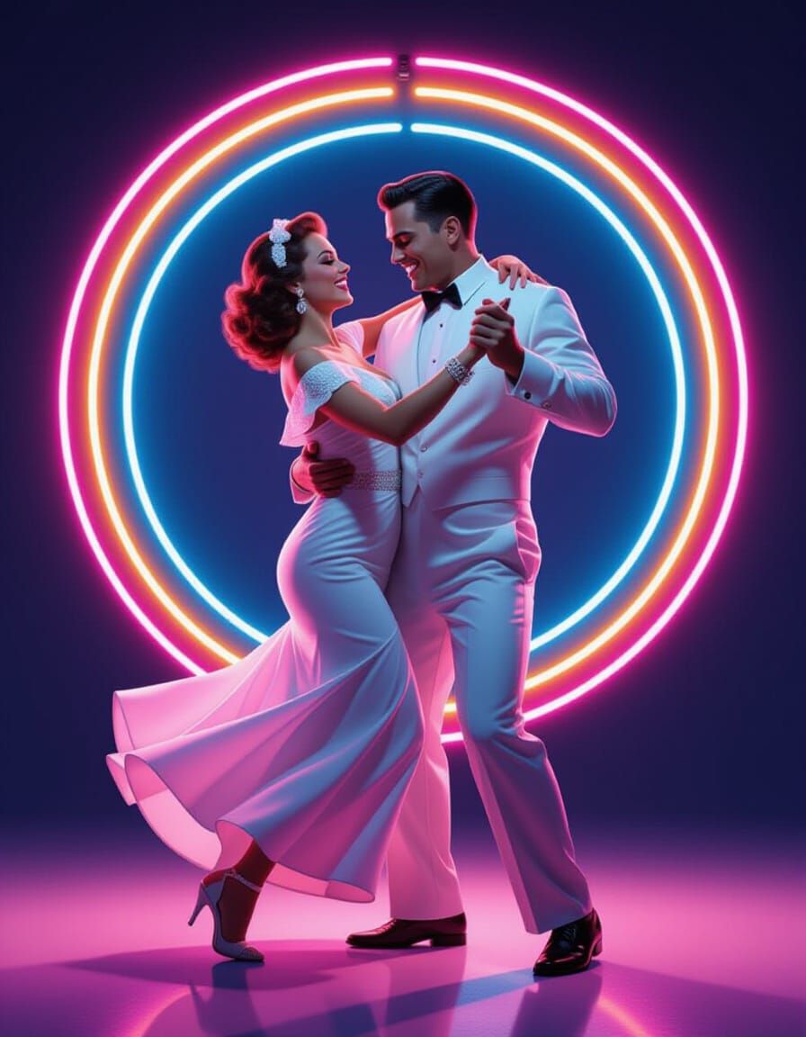 1940s Couple Dances in Modern Neon Glow
